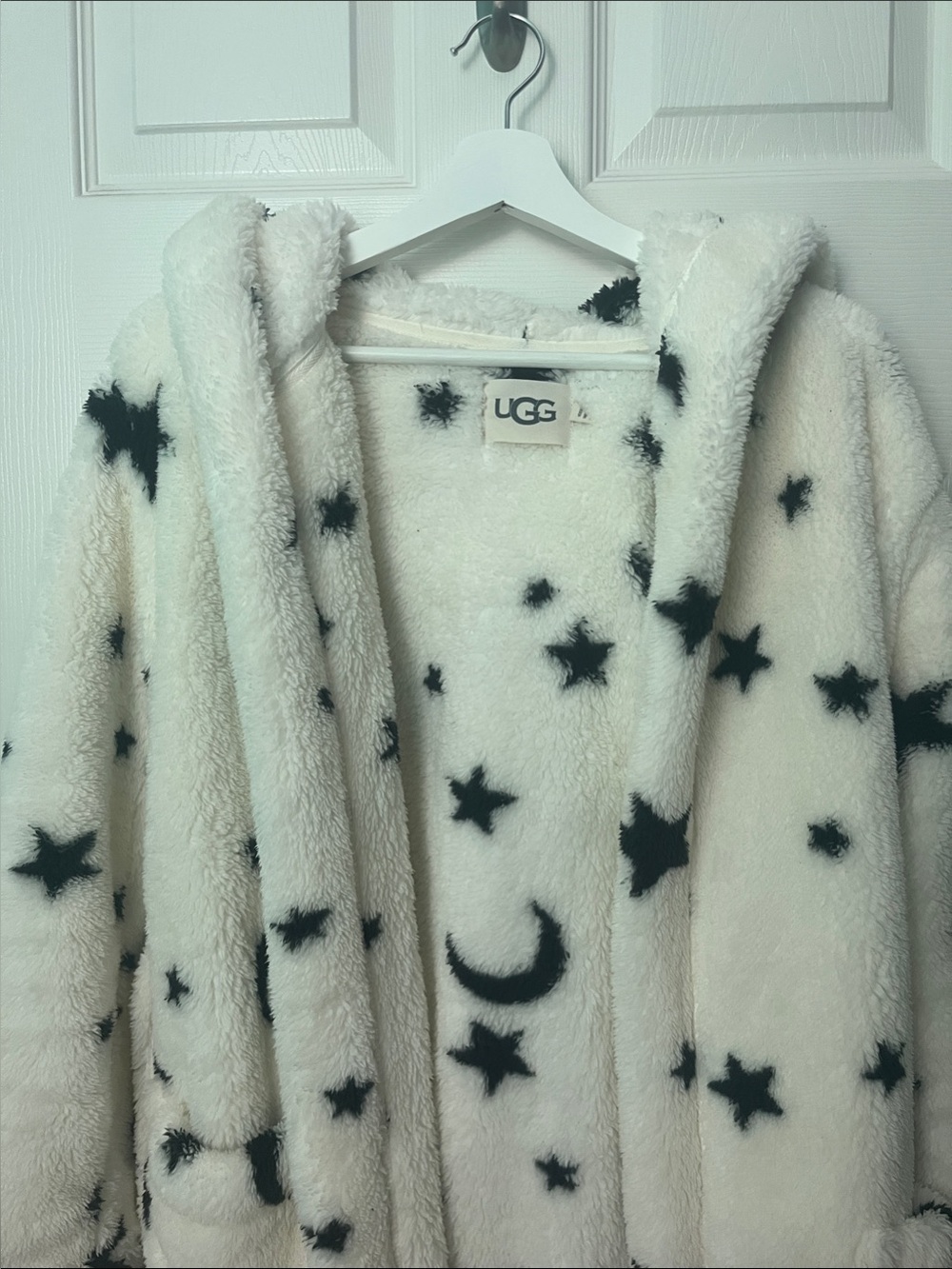 UGG Cream Hooded Fleece Robe with Black Star & Moon Print